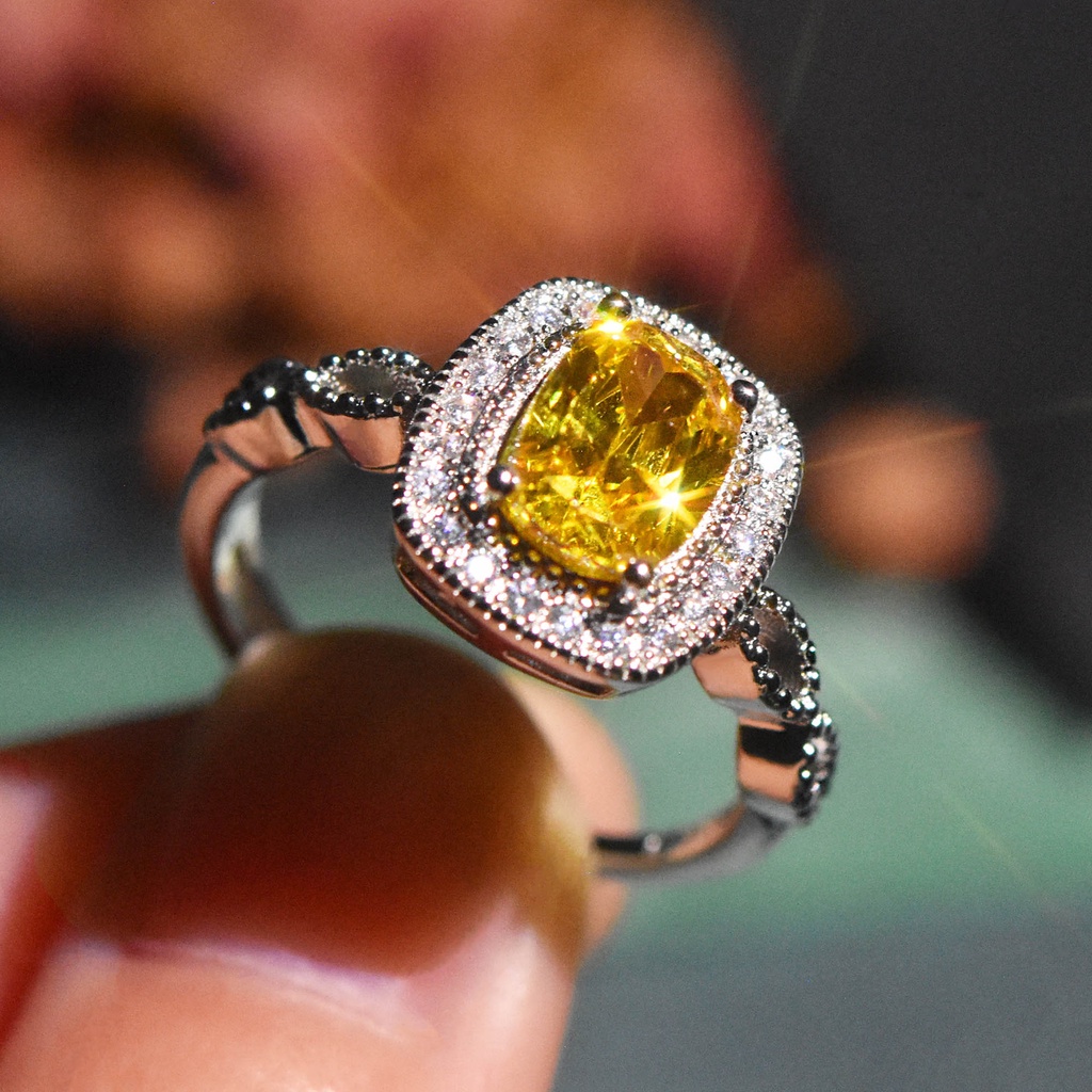 Goldkingdom Aksesoris Perhiasan Fashion Ready Stock Moissanite Cincin Berlian Kuning Mewah Batu Permata Warna-Warni Pertunangan Pembukaan Cincin