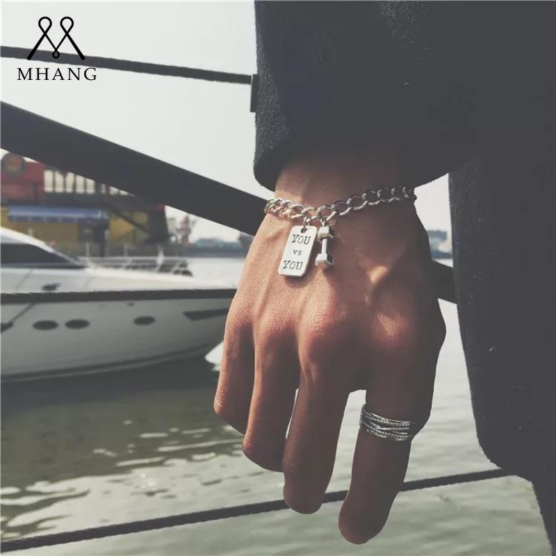 Gelang Persegi Huruf Punk Eropa Dan Amerika Manis Keren Fashion Perak Tebal Gelang Rantai Pasangan Gelang Logam