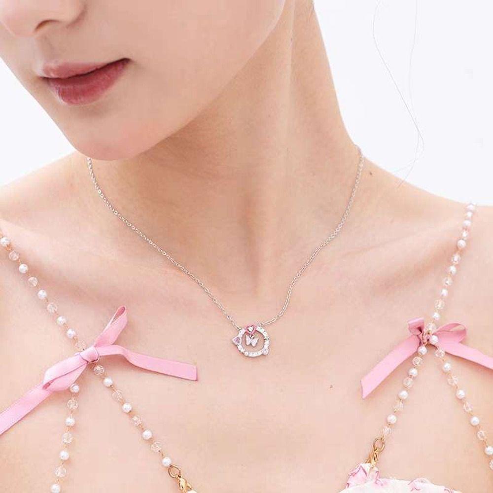 Mxbeauty Y2K Wanita Kalung Aesthetic Pesona Halus Klavikula Rantai Kupu-Kupu Berlian Imitasi Alloy Pink Hati Gadis Choker