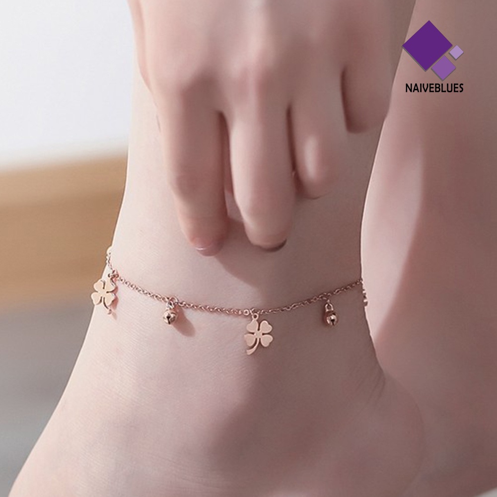 &lt; Naiveblues &gt; Lucky Clover Bells Charm Anklet Kaki Rantai Wanita Musim Panas Ankle Bracelet