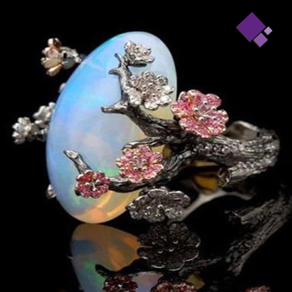 &lt; Naiveblues &gt; Vintage Wanita Faux Opal Plum Blossom Bunga Two Tone Cincin Perhiasan