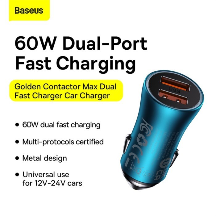 Baseus Car Charger Golden Contactor Max Dual Fast U+U 60W - CGJM - U+U 60W Blue