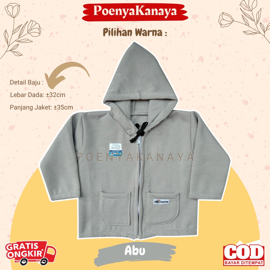 Jaket Bayi Anak fleece SAKU Resleting Kupluk Kepala POLOS HBc Size 6-18 Bulan JK09