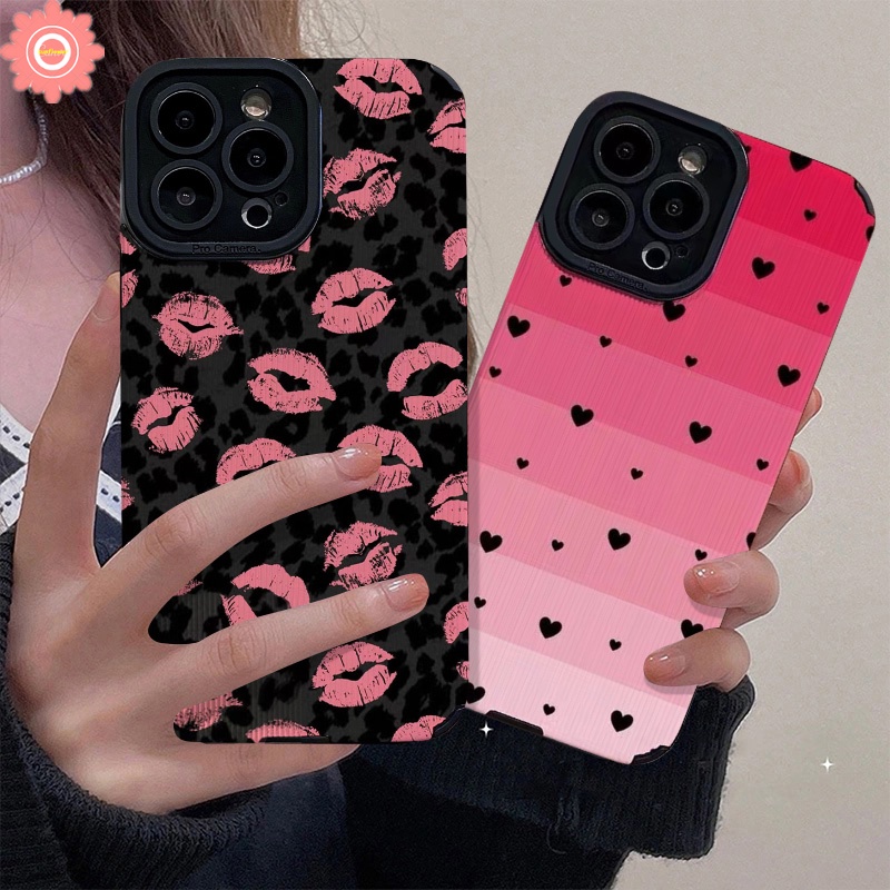 IPHONE Ins Imut Merah Kisses Bibir Leopard Ponsel Case Kompatibel Untuk Iphone7 8 Plus11 14 13 12 Pro Max XR X XS Max Cinta Hati Kulit Shockproof Pelindung Cover Lembut Tpu Cover