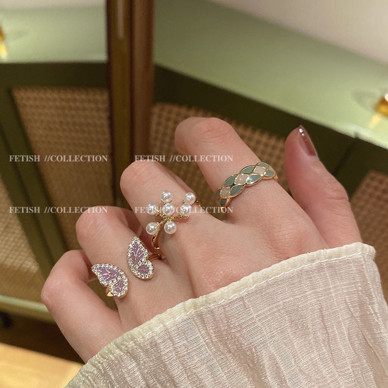 Korea Fashion Elegan Wanita Enamel Cincin Kupu-Kupu Opal Berlian Imitasi Mutiara Ring Untuk Aksesoris Perhiasan Wanita