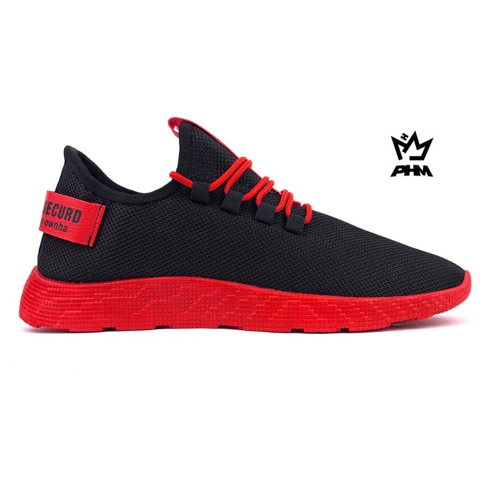 (COD) PHM Shoes Sepatu Pria Sneakers Import Sepatu Olahraga Kasual PHM103 - Hitam Merah, 39