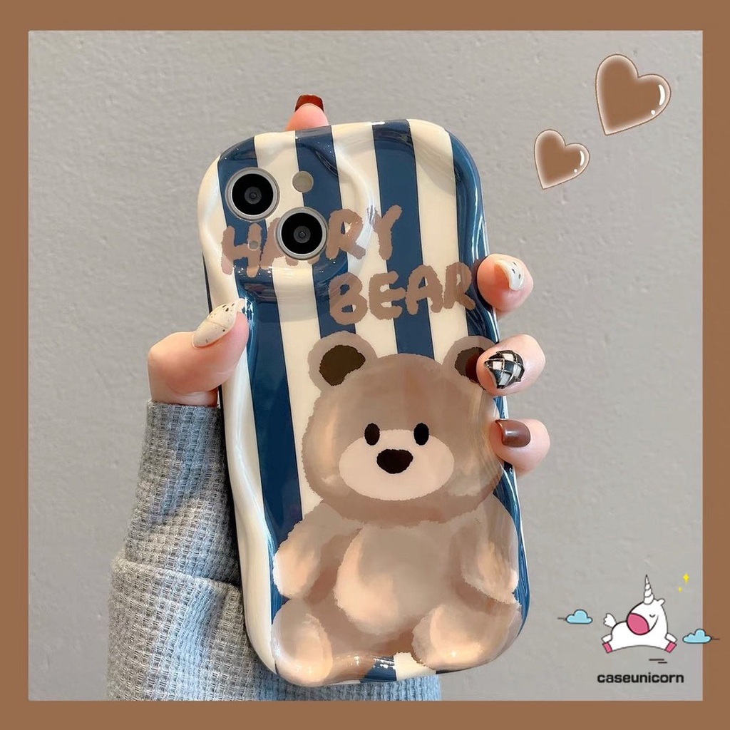 Cute Strawberry Bear 3D Wavy Curved Edge Case Untuk Redmi 9C 9T 10C 10 9A 9 10A 9C NFC A1 A2 Note10 11 10s 11s 10Pro 10 Pro Max Plus POCO M3 Cute Kartun Beruang Garis Lembut Tpu Cover