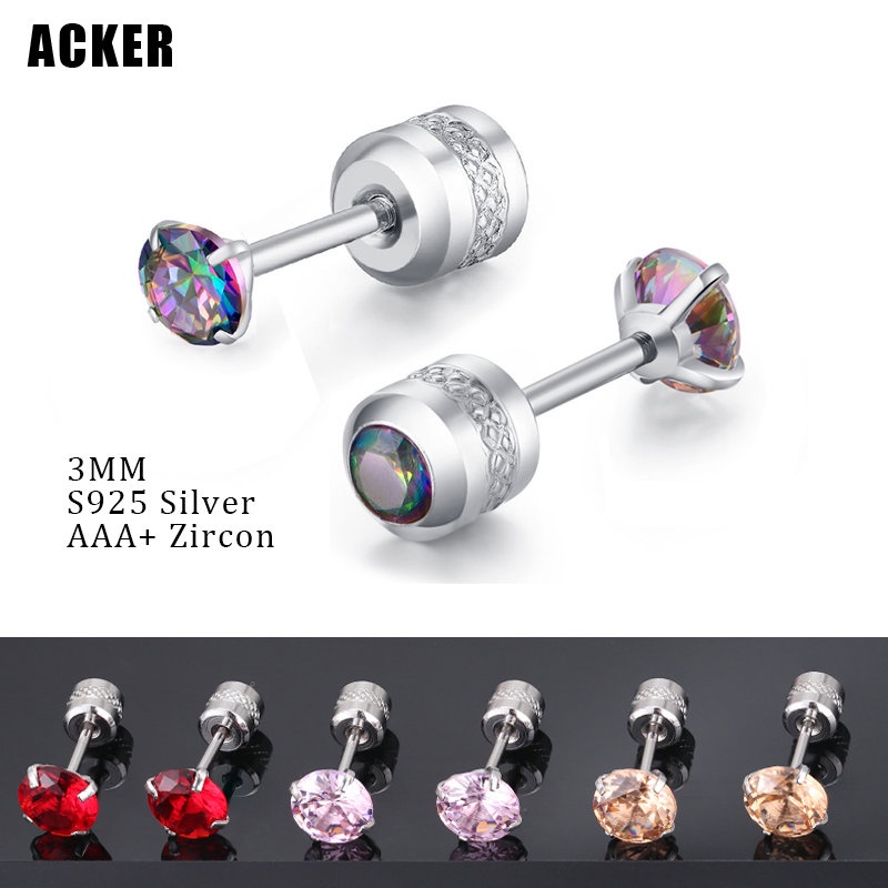 [ACKER] 3mm 1pasang 925silver Titanium Stainless Cubic Zirconia Multicolor Berlian AAA+ Zircon Anting Tusuk Wanita /Pria