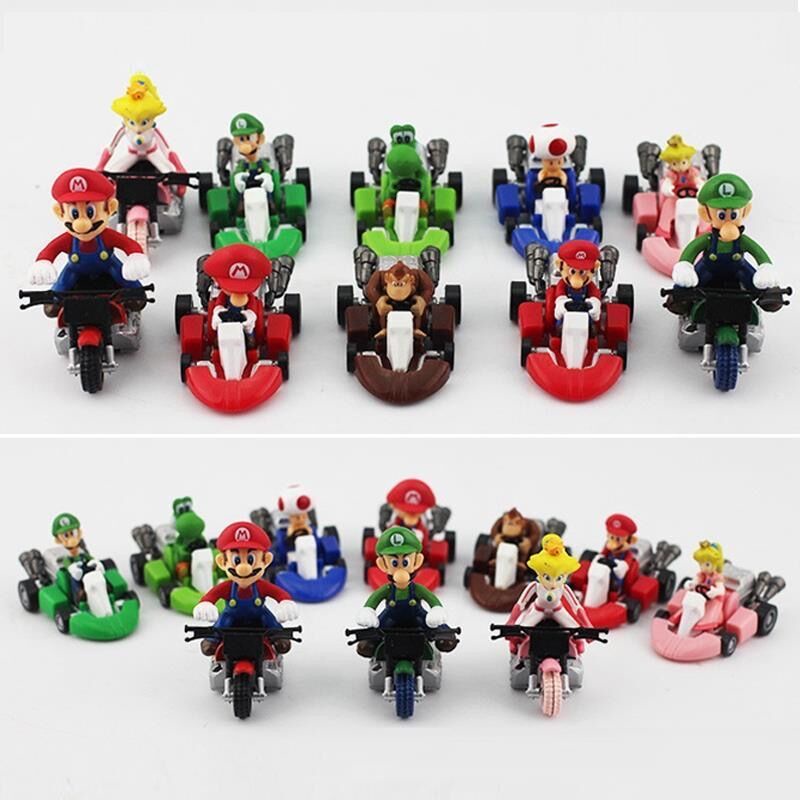 Super Mary 10pcs/lot Mario Luigi Yaoxilong Boneka Motor Kart Pull Back Cars Mainan Model Penempatan Mainan Anak