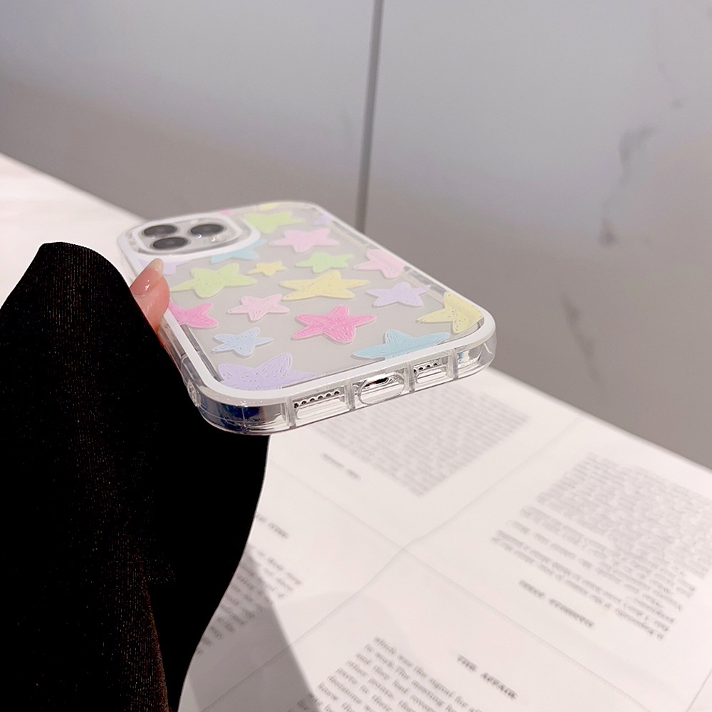 IPHONE Warna Macaron Gambar Tangan Doodle Bintang Transparan Shockproof Casing Ponsel Cover Untuk Iphone11 12 13 14 PLUS PRO MAX