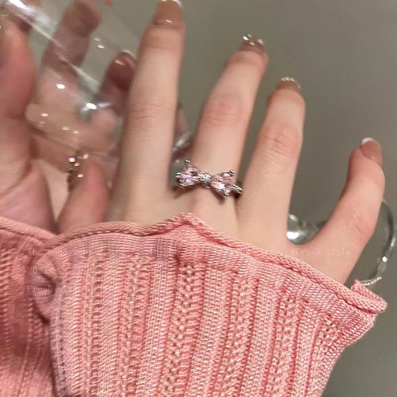 Ifyou Cincin Zirkon Pink Manis Kristal Busur Pembukaan Dapat Disesuaikan Cincin Perak Untuk Aksesoris Perhiasan Wanita