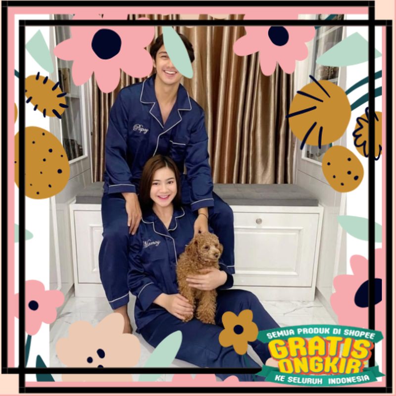 Piyama pajamas baju tidur couple custom bordir nama hadiah kado gift nikahan wedding pernikahan prew