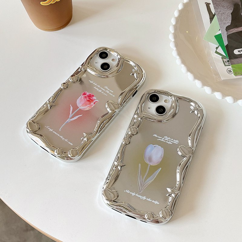 Cream Star Love Mirror Soft Case iPhone 7 8 Plus iPhone X XS XR Max 11 12 13 14 Pro Max 14 Plus Girl Woman Fashion Pink Green Tulip Flower Case Make up