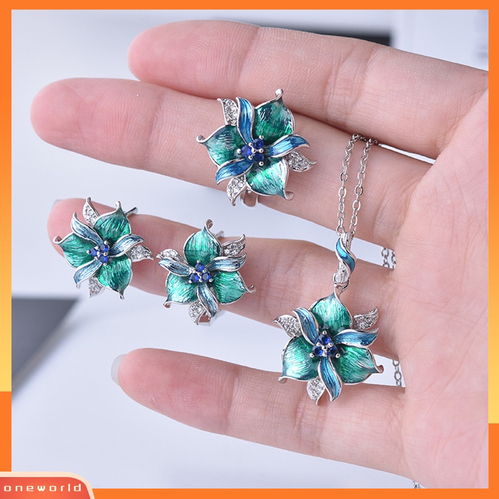 [ONE] Wanita Berlian Imitasi Bertatahkan Enamel Bunga Liontin Kalung Anting Cincin Perhiasan