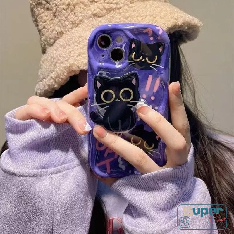 Untuk Oppo A5s A16 A17 A7 A57 A15 A16K A12 A5 A9 A16s A3s A17k A95 A96 A54s A54 A31 A74 A53 A1k A55 A16E A92 A77 A52 A76 A33 Kartun Kucing Fashion Lucu Bracket 3D Bergelombang Curved Edge Case