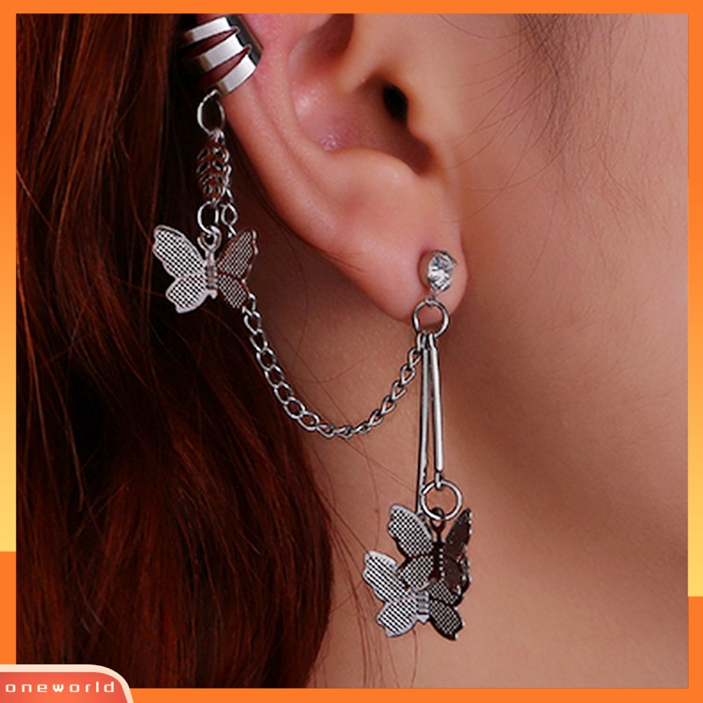 [ONE] 1pasang Kupu-Kupu Wanita Anting Keren Punk Warna Perak Link Rantai Tulang Rawan Klip Anting Fashion Perhiasan Hadiah