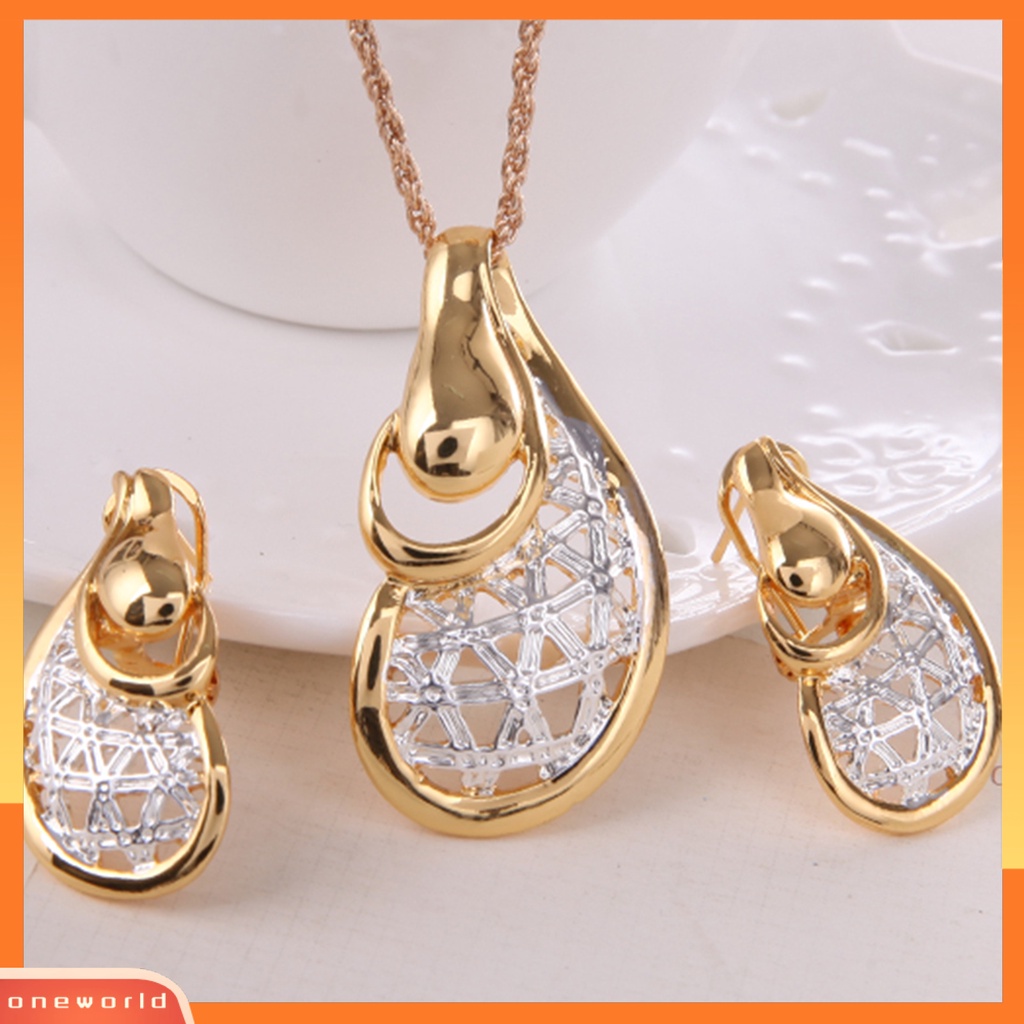 [ONE] 1set Wanita Anting Set Bentuk Tidak Teratur Electroplating Berongga Aksesoris Pengantin Kalung Anting Set Perhiasan Aksesori