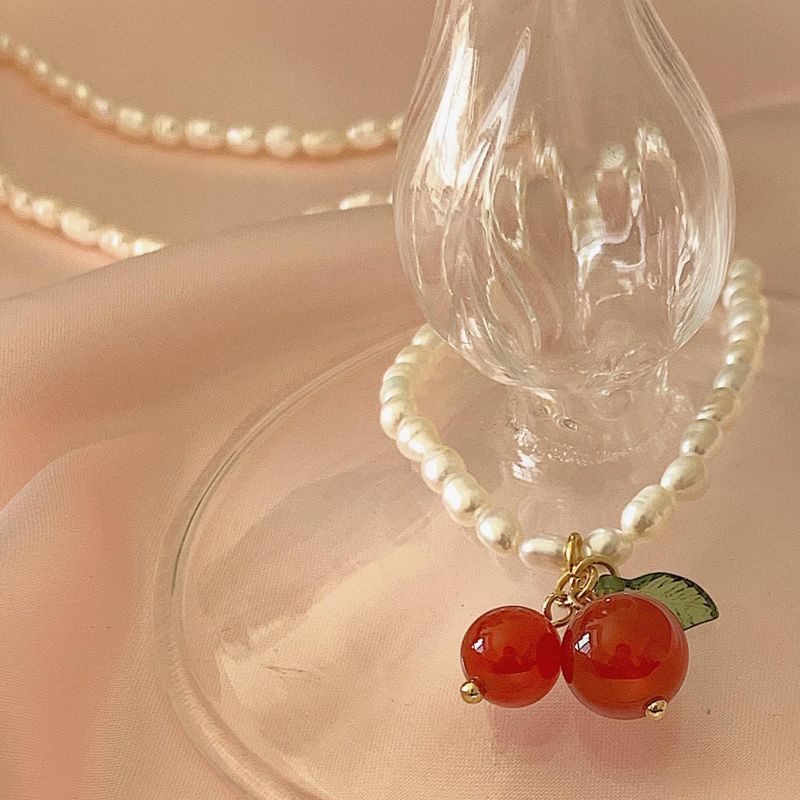 Kepribadian Retro Cherry Mutiara Kalung Korea Baroque Kalung Bentuk Manis Rantai Klavikula Perempuan