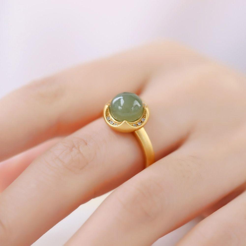 Mxbeauty Hetian Cincin Giok Retro Cincin Perhiasan Emas Geometris Wanita Jari Cincin Hijau Gaya Cina Cincin