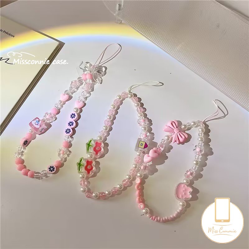 Korea Fashion Kupu-Kupu Ikatan Simpul Bunga Akrilik Ponsel Rantai Jantung Manik-Manik Ikatan Simpul Mutiara Liontin Manik-Manik Telepon Lanyard Ponsel Tali Gantung Untuk Perhiasan Wanita