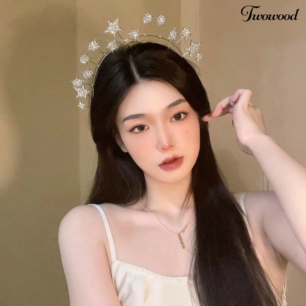 Twowood Gaya Korea Bersinar Non-slip Gadis Bando Lucu Berlian Imitasi Bintang Mahkota Pengantin Rambut Hoop Aksesoris Rambut