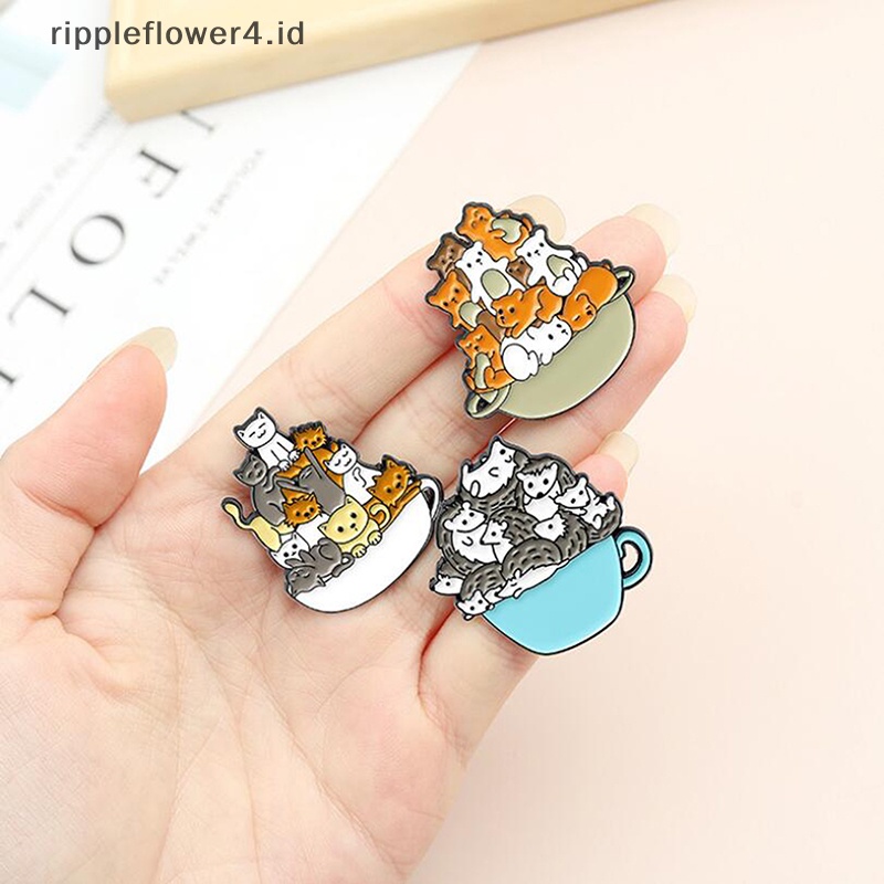 {rippleflower4.id} Secangkir Enamel Hewan Pin Kartun Cangkir Kucing Anjing Bros Mantel Tas Lencana Perhiasan~