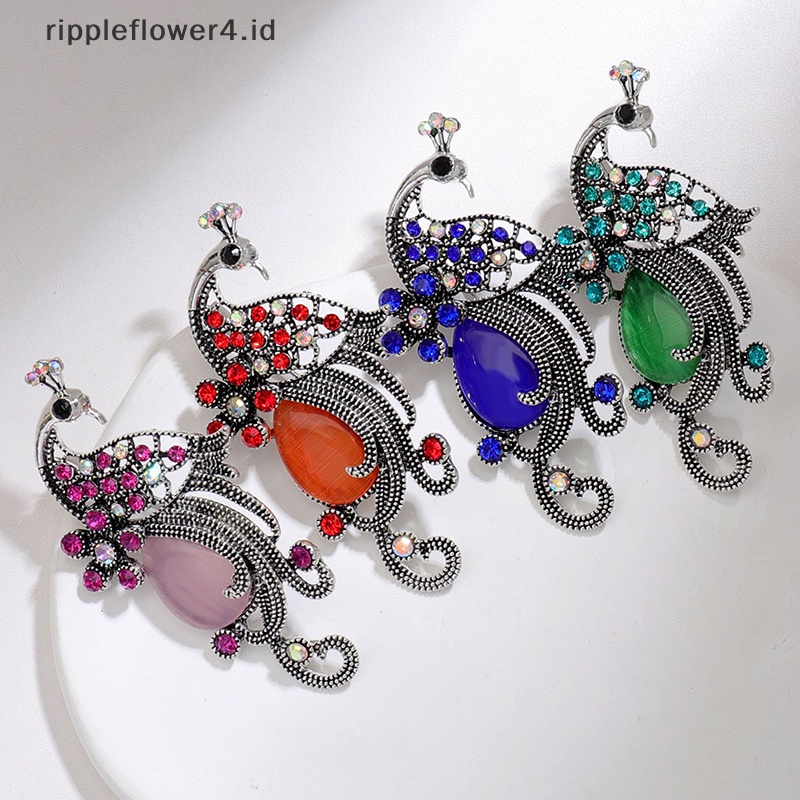 {rippleflower4.id} Vintage Panjang-Ekor Kristal Berlian Imitasi Merak Bros Alloy Aksesoris Pakaian Hewan Untuk Perhiasan Wanita Topi Syal Pin Aksesoris~