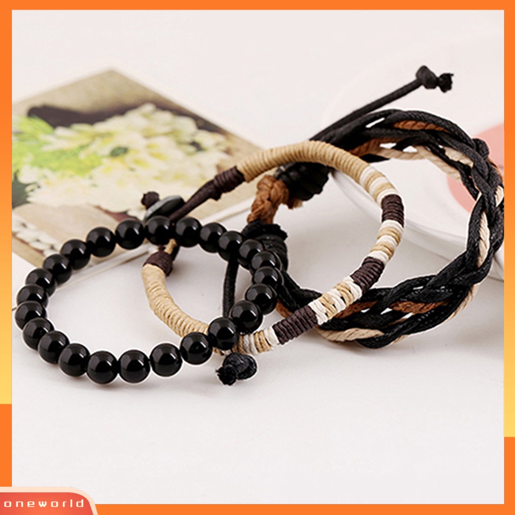 [WOD] 3pcs Gelang Multilayer Fashion Aksesoris Manik-Manik Kayu Kulit Imitasi Bangle Lilin Tali Cuff Bracelets Untuk Pria