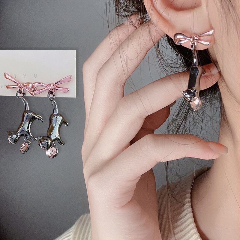 Jepang Gaya Kucing Hitam Anting Merah Muda Hati Berlian Imitasi Drop Earrings Manis Ikatan Simpul Stud Earrings Wanita Gadis Siswa Lucu Anting-Anting Y2k Estetik Perhiasan Aksesoris