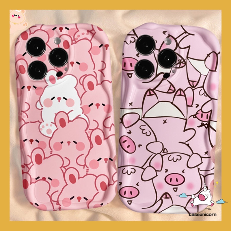 IPHONE 3d Wavy Curved Edge Kartun Kelinci Indah Pasangan Case Kompatibel Untuk Iphone13 11 7Plus 14 12 Pro Max XR 6 7 8 6s Plus X XS Max SE 2020 Glossy Fashion Babi Lucu Tpu Soft Cover