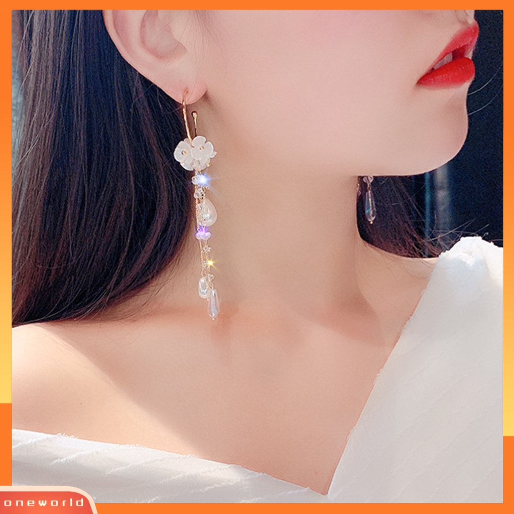 [WOD] 1pasang Lady Menjuntai Anting Mutiara Imitasi Berlian Imitasi Tahan Lama Bunga Rumbai Mewah Drop Earrings Untuk Hadiah