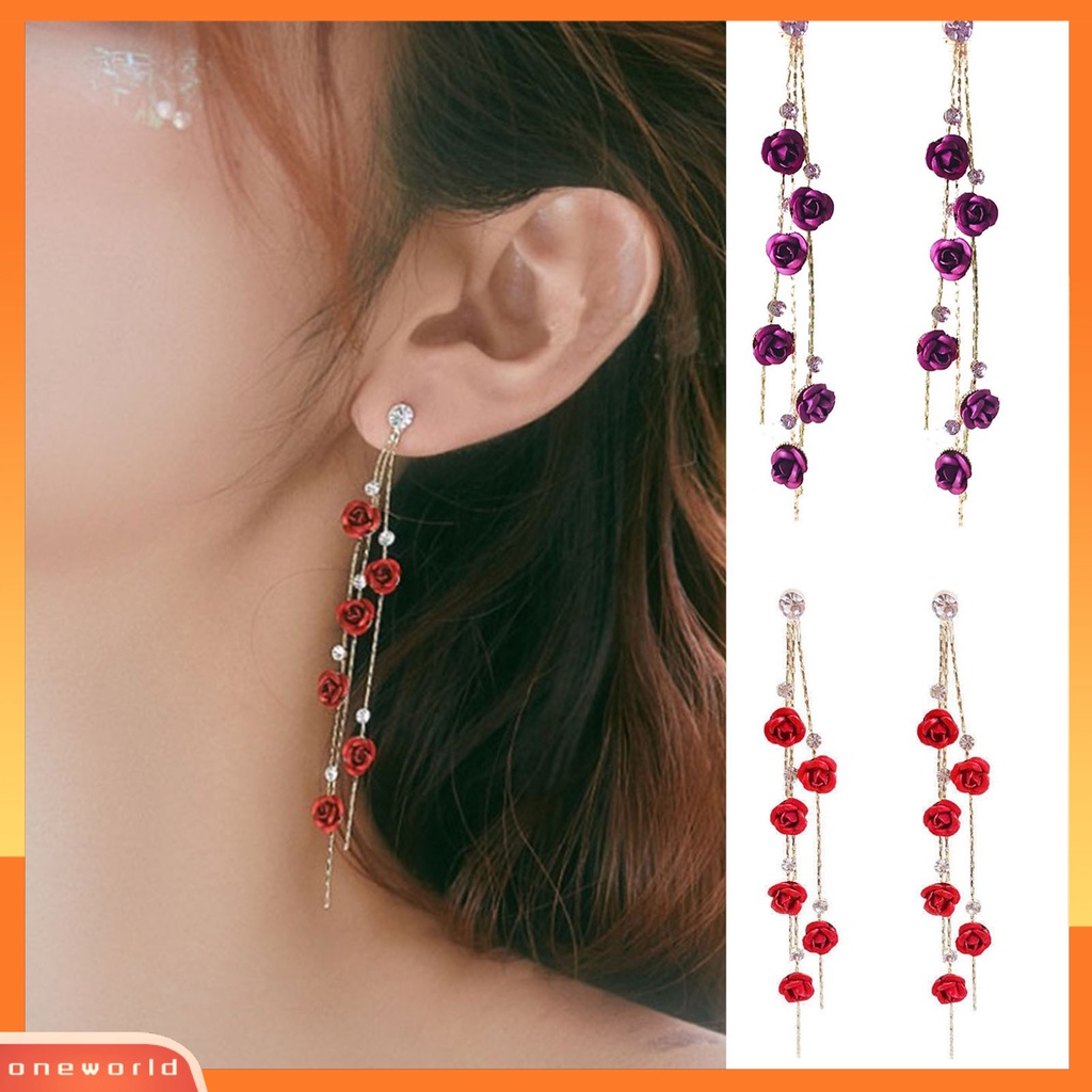 [WOD] 1pasang Berlian Imitasi Mengkilap Elegan Wanita Anting Bunga Mawar Panjang Rumbai Drop Earrings Perhiasan Pesta