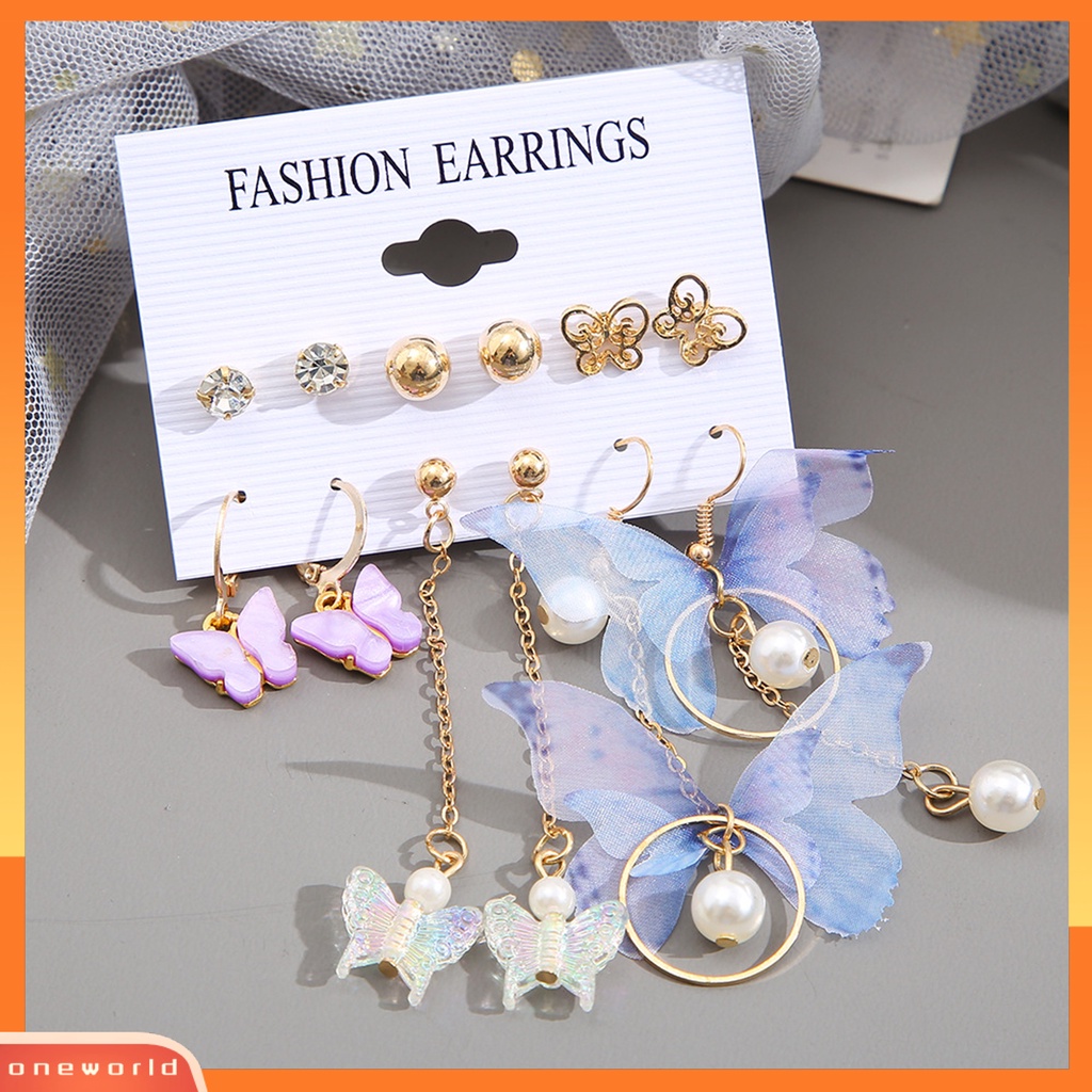 [WOD] 6pasang Anting Menjuntai Rumbai Panjang Berlian Imitasi Mengkilap Asimetris Kilau Terang Semua Pertandingan Dekorasi Hadiah Wanita Kupu-Kupu Mutiara Imitasi Pendant Earrings Ear Studs Untuk Perjamuan