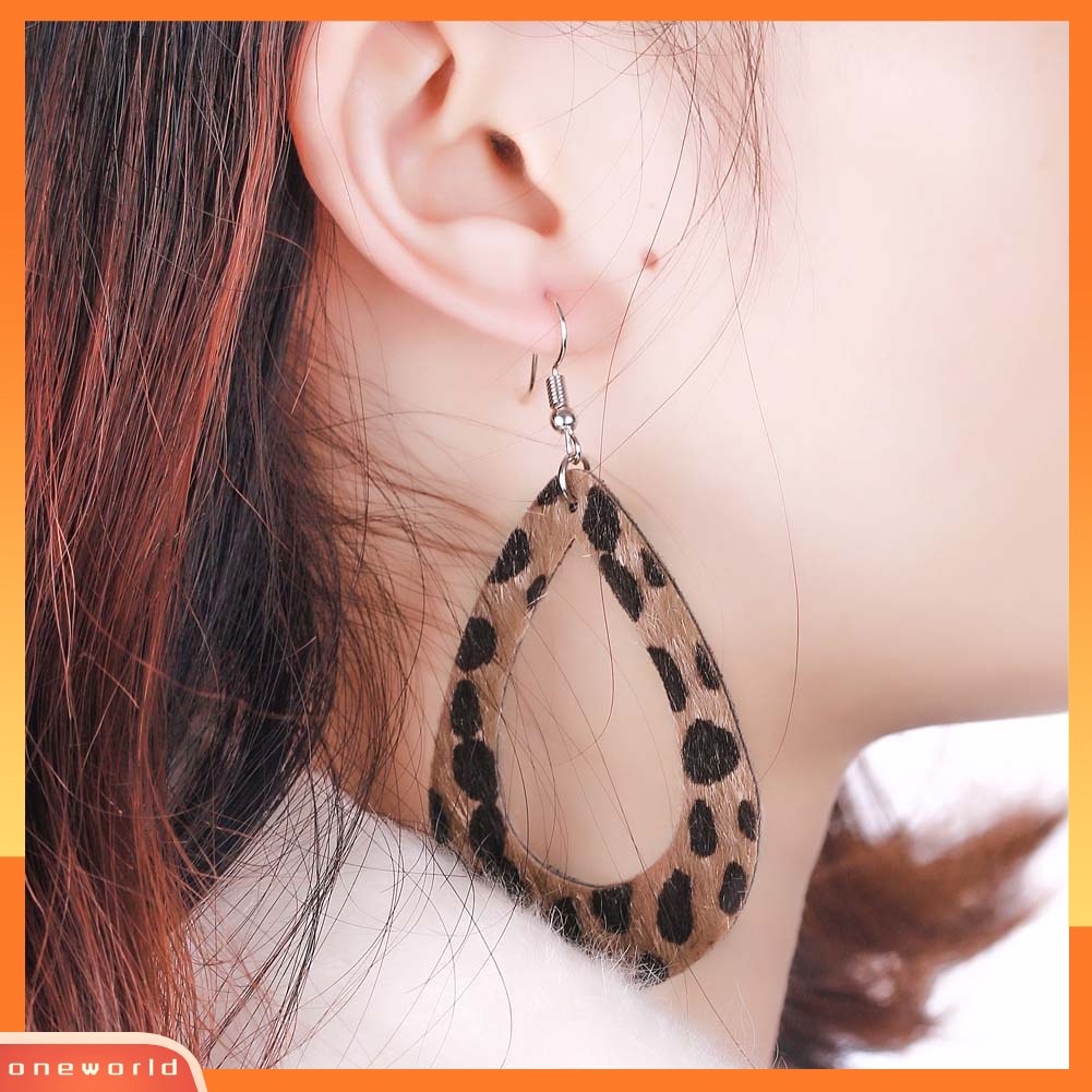 [WOD] Wanita Leopard Print Teardrop Menjuntai Kulit Imitasi Kait Anting Perhiasan Hadiah