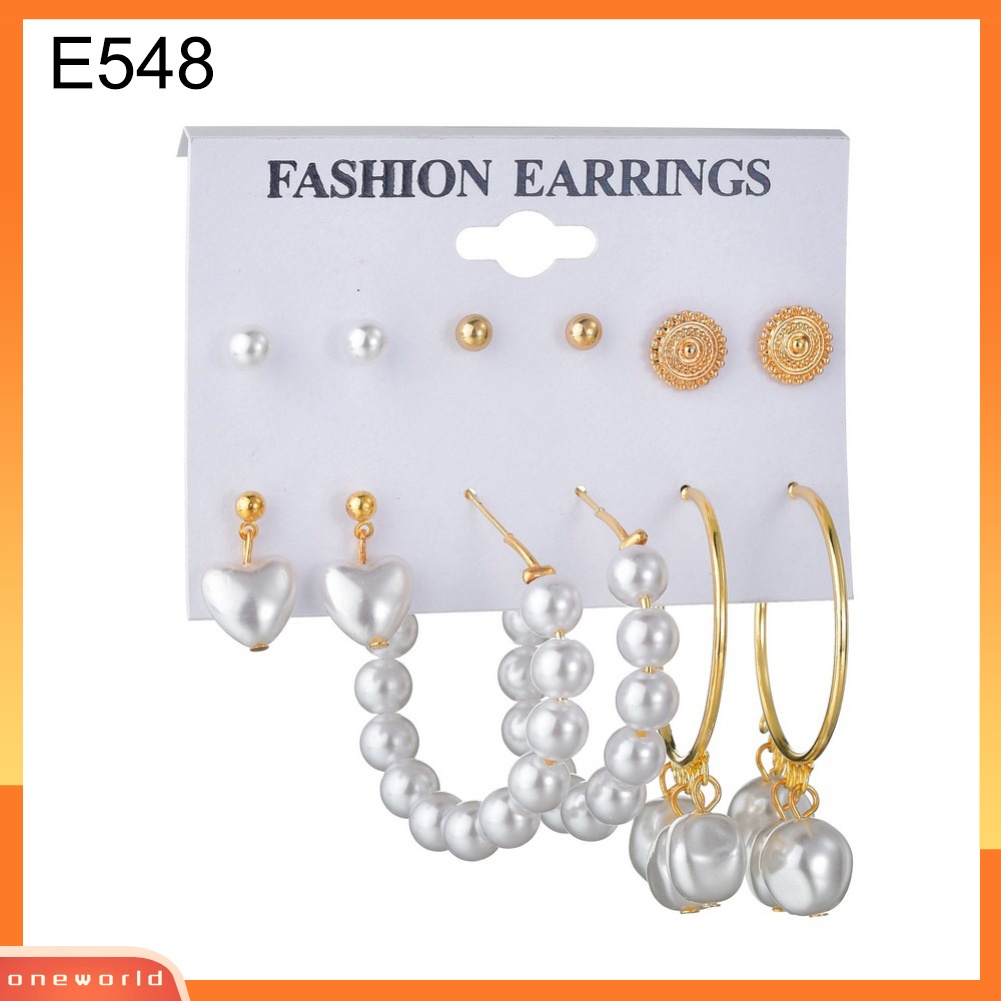 [WOD] 6pasang Wanita Mutiara Imitasi Rumbai Geometris Menjuntai Ear Studs Hoop Earrings Jewelry