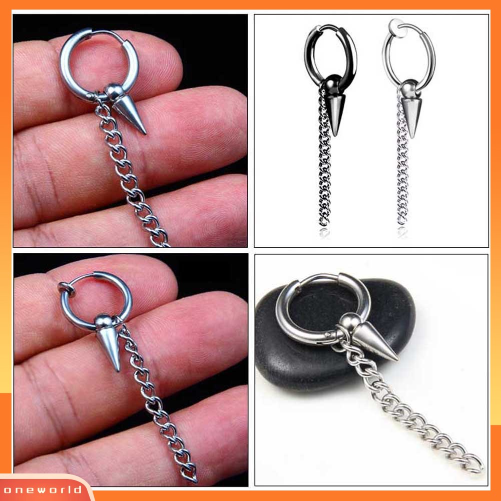 [WOD] 1pc Pria Fashion Stainless Steel Rantai Panjang Telinga Klip Gesper Jalan Hoop Anting