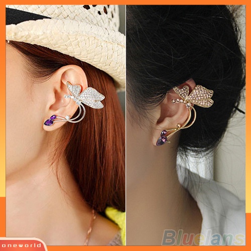 [WOD] 1pc Stud Anting Kupu-Kupu Klip Telinga Kristal Wanita Elegan Untuk Telinga Kiri