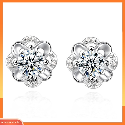 [WOD] Ladies Fashion Perak Berlapis Berlian Imitasi Bertatahkan Berongga Bunga Telinga Studs Earrings