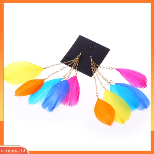 [WOD] Lady Bohemian Warna Kontras Handmade Bulu Panjang Menjuntai Eardrops Anting Kait