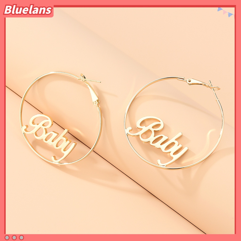 [BLS] 1pasang Anting Hoop Desain Huruf Berlebihan Anti-tarnish Perhiasan Pernikahan Alloy Besar Halus Wanita Anting Lingkaran Bulat Loop Earrings