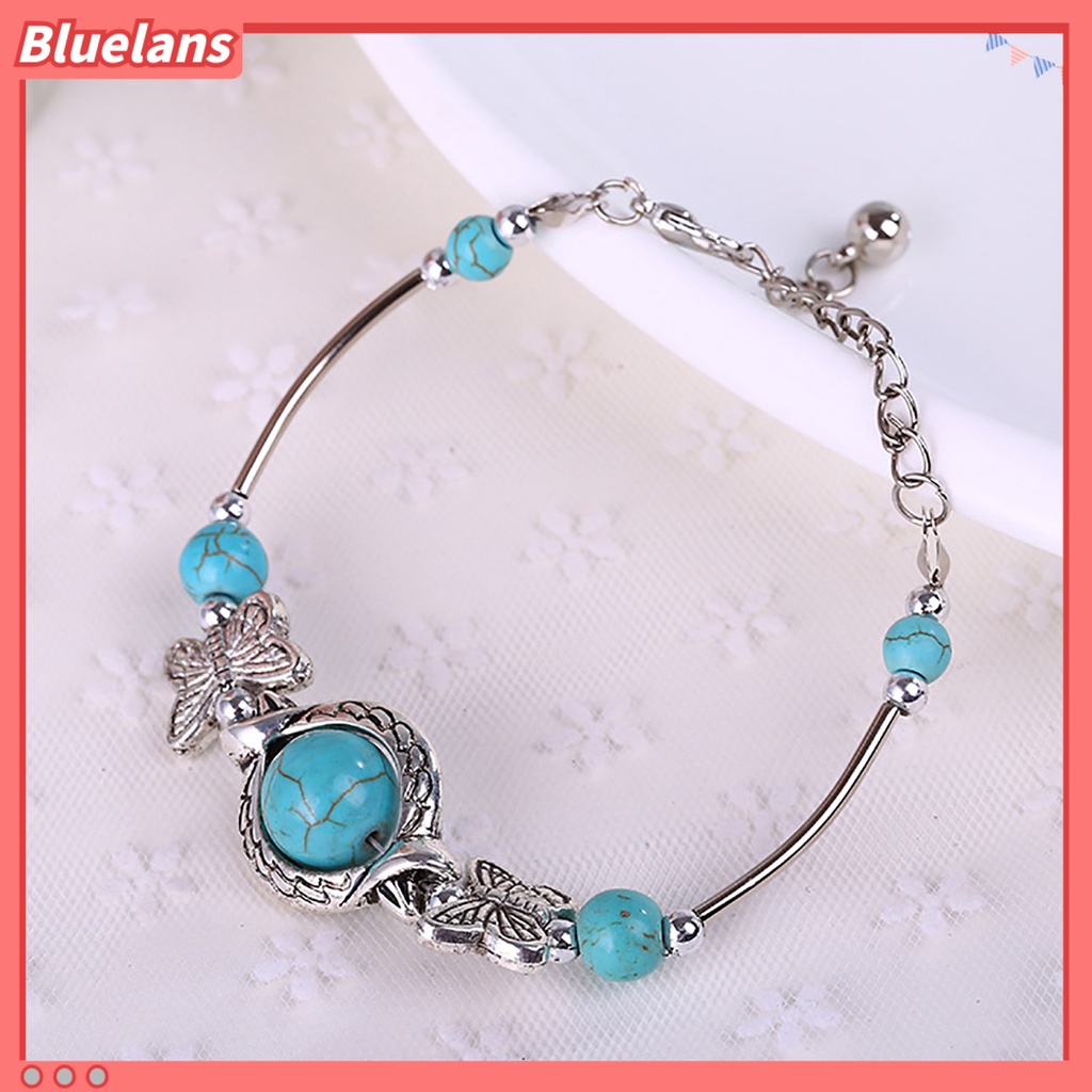[BLS] Kupu-kupu Dekorasi Adjustable Unisex Gelang Alloy Handmade Turquoises Beads Retro Gelang Perhiasan Aksesoris