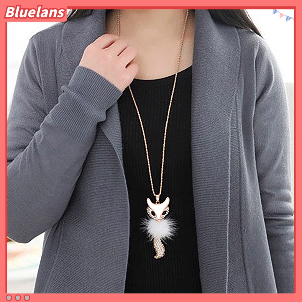 [BLS] Berlian Imitasi Wanita Bulu Imitasi Lucu Rubah Liontin Sweater Panjang Kalung Perhiasan