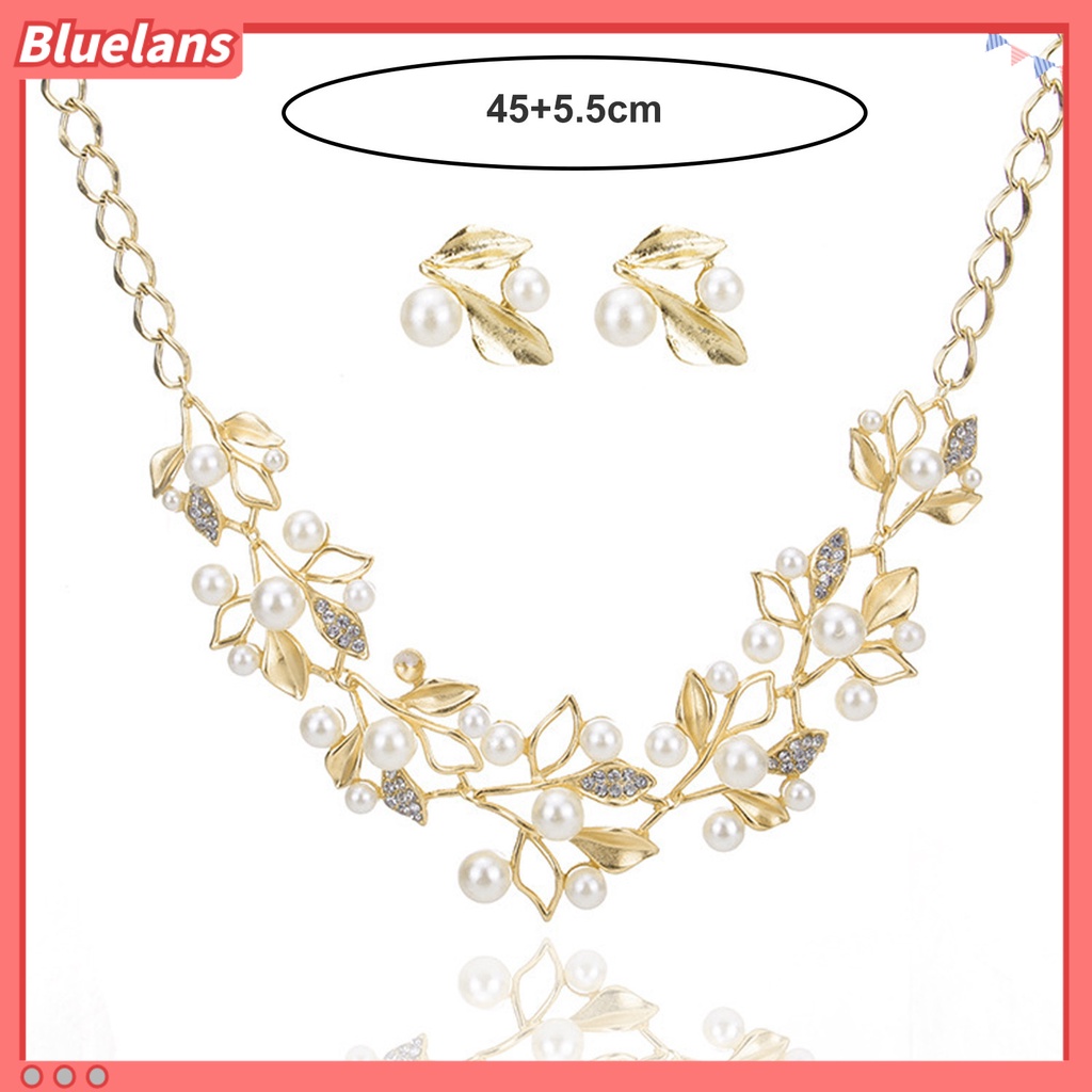 [BLS] 1set Kalung Pengantin Mempesona Berlian Imitasi Berongga Daun Splicing Elegan Mulia Mengkilap Tinggi Mutiara Imitasi Stud Earrings Kit Pernikahan Perhiasan