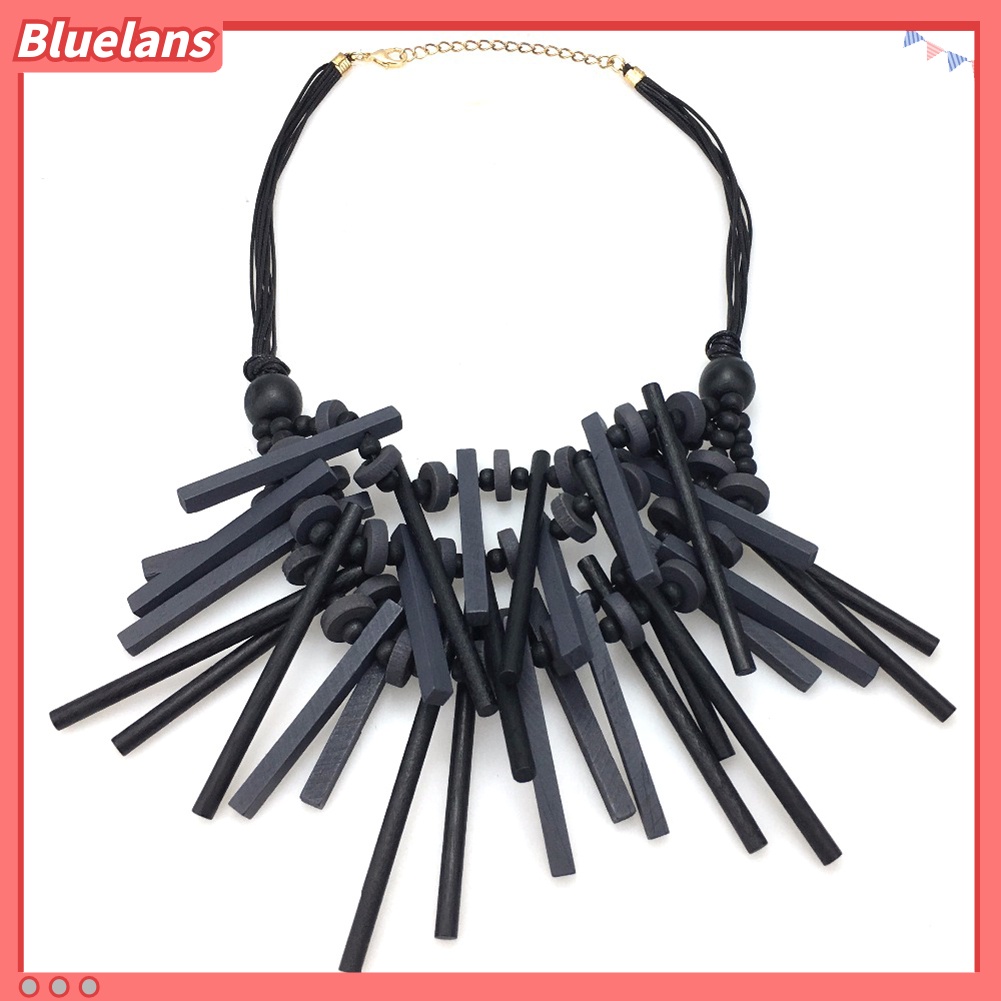[BLS] Wanita Afrika Manik-Manik Kayu Stik Choker Rantai Bib Statement Kalung Perhiasan