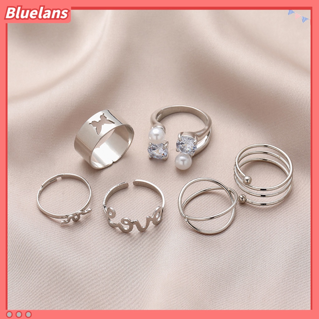 [BLS] 6pcs Cincin Jari Huruf Kupu-Kupu Mutiara Imitasi Pria Wanita Pembukaan Adjustable Ins Style Rings Fashion Jewelry