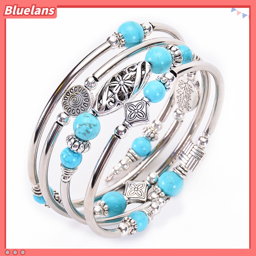 [BLS] Wanita Bangle Batu Alam Etnik Multi Layered Retro Biru Turquoise Beads Bungkus Gelang Perhiasan Aksesoris