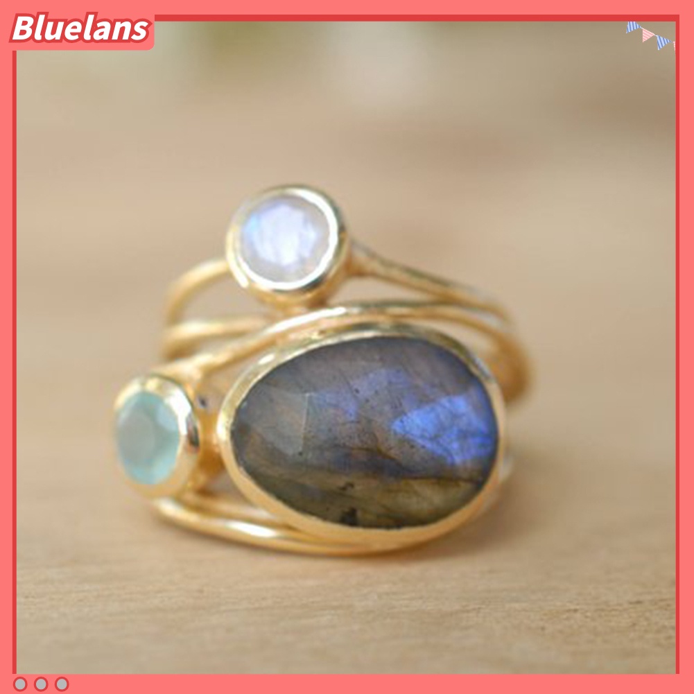[BLS] Vintage Irregular Multilayer Buatan Moonstone Wanita Jari Cincin Perhiasan Hadiah