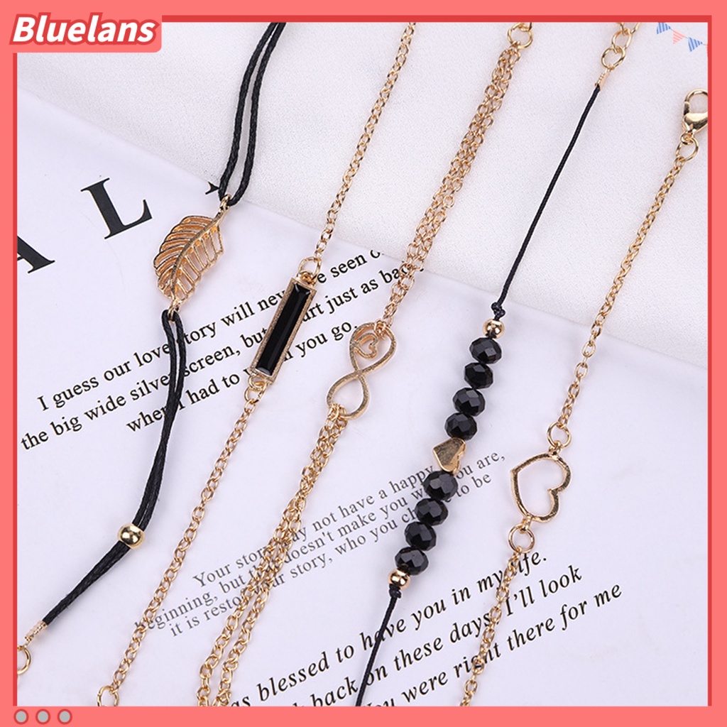 [BLS] 5pcs /Set Gelang Rantai Beberapa Lapisan Handmade Tali Kombinasi Fashion Boho Geometris Daun Manik-Manik Berlapis Tangan Rantai Perhiasan Aksesori