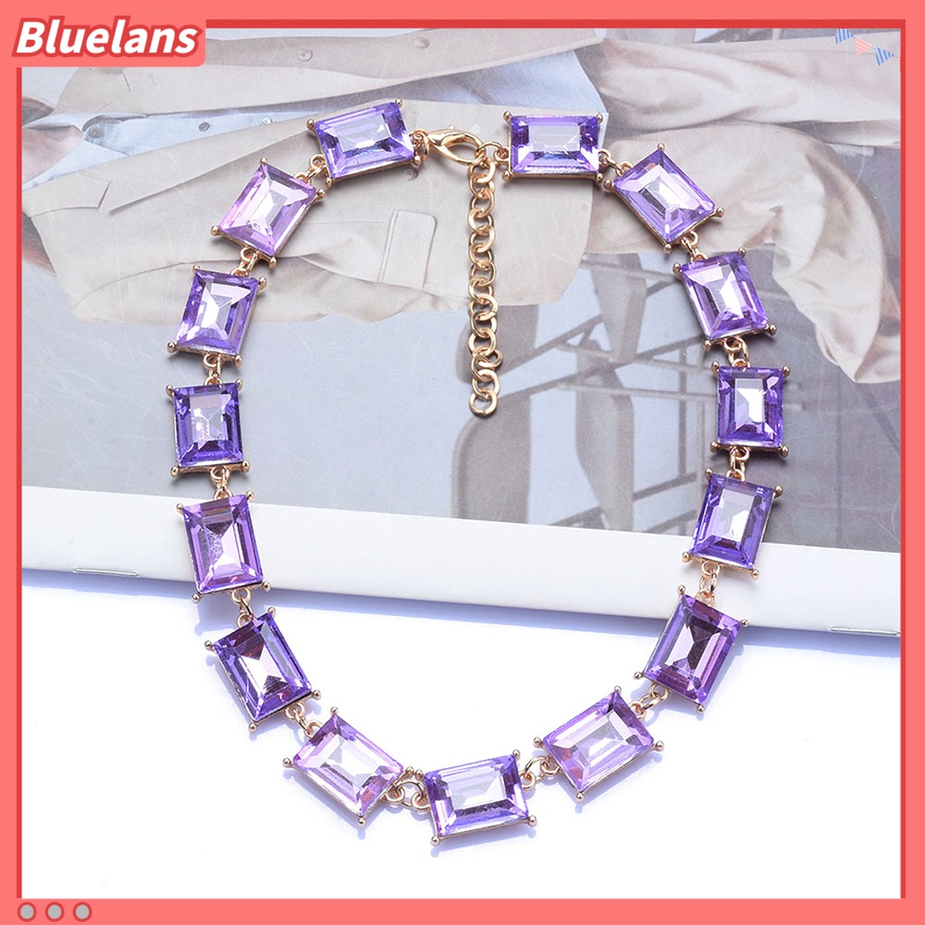 [BLS] Kalung Berlebihan Desain Persegi Mengkilap Tidak Luntur Dress Up Alloy Geometris Persegi Berwarna Kristal Imitasi Kalung Wanita Perhiasan