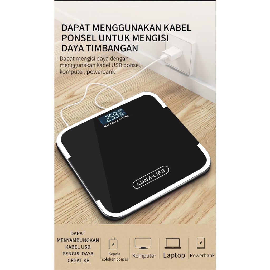 Luna Timbangan Badan Digital With USB Charging Anti Pecah With LCD GARANSI 3 TAHUN Official